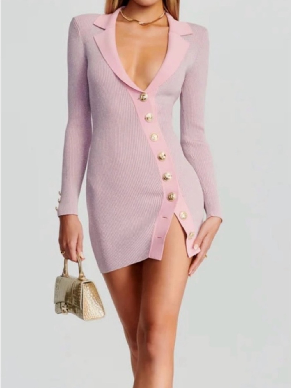 Retrofete Pink Long Sleeve Button-Front Mini Dress